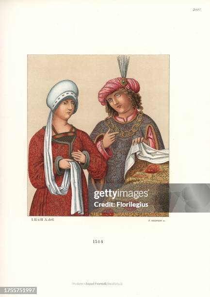 Fashion of German nobility of the early 16th century, man in turban with beads and clasp, and woman in a bonnet with a long tail that hangs over the...