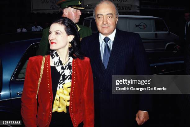 Fashion designer Paloma Picasso and Egyptian businessman Mohamed Al Fayed, in 1989 ca. In London, England.