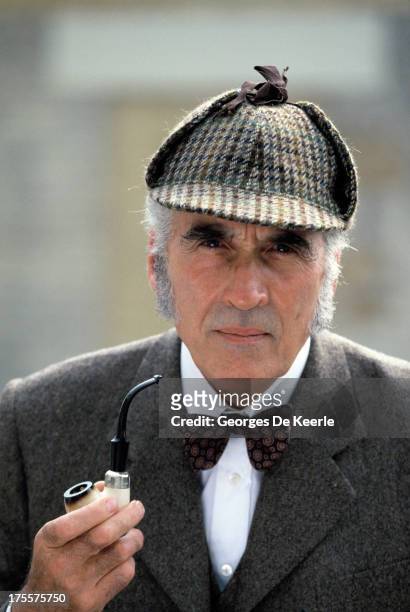 Actor Christopher Lee poses on a shoot for the TV movie 'Sherlock Holmes and the Leading Lady', in which he interprets the famous detective, on 1991...