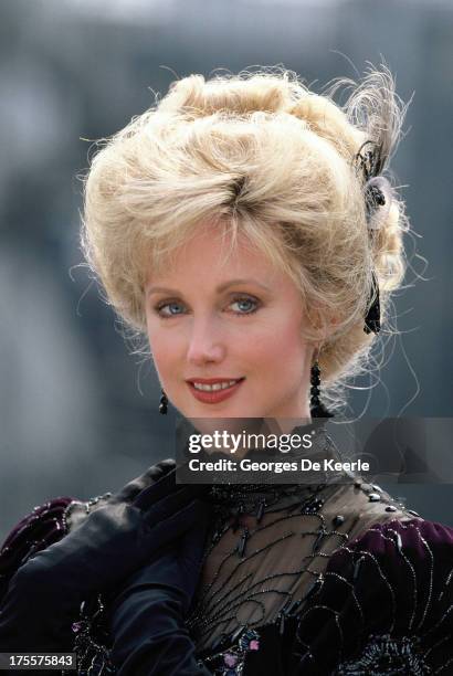 Actress Morgan Fairchild poses on a shoot for the TV movie 'Sherlock Holmes and the Leading Lady', in which she interprets Irene Adler, on 1991 ca....