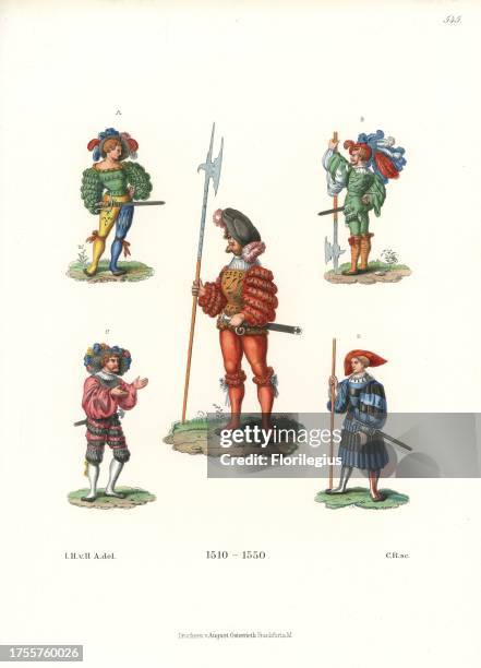 German mercenaries , 1510-1550. They show a fantastic variety of colour and form in their quilted, slashed doublets, stockings, plumes, garters and...