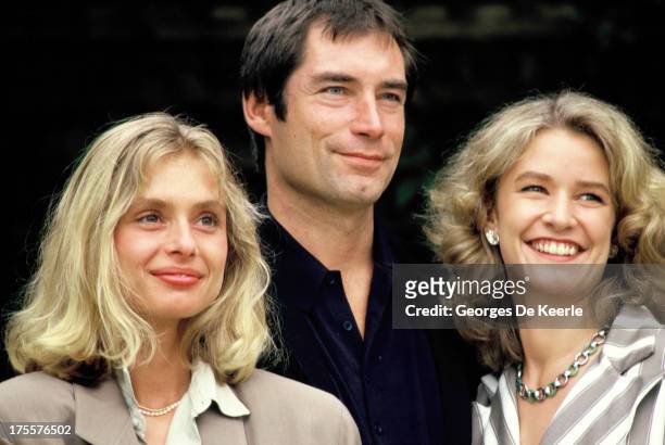 Actors Maryam d'Abo, Timothy Dalton and Caroline Bliss attend a photocall for the promotion of of the James Bond film 'The Living Daylights',...
