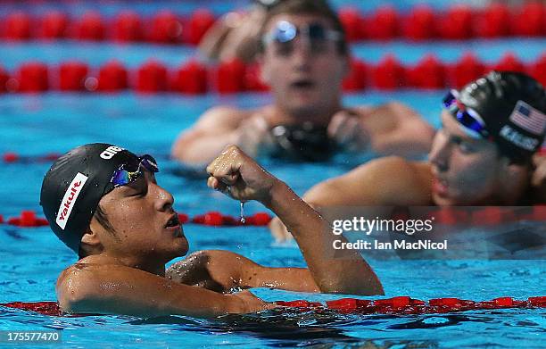 Daiya Seto of Japan celebrates winning the Men's 400IM Final at the Palau Sant Jordi on day sixteen of the 15th FINA World Championships on August...