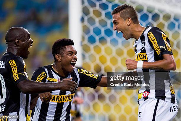 Players of Botafogo celebrate a scored goal during the match between Vasco da Gama and Botafogo as part of Brazilian Championship 2013 at Maracana...