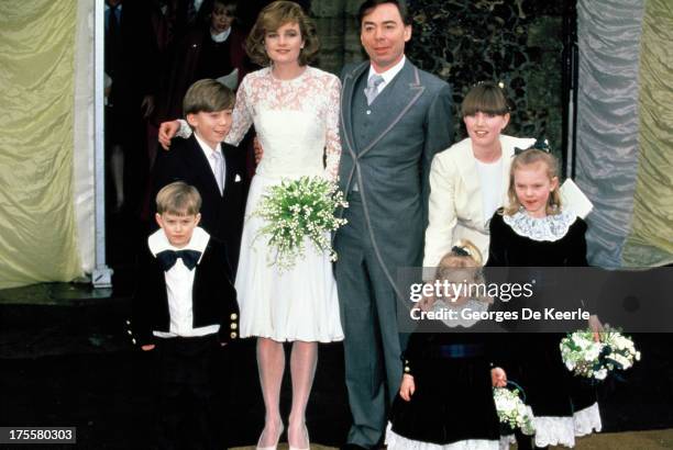 English composer Andrew Lloyd Webber with his new wife Madeleine Gurdon at their marriage blessing ceremony on February 16, 1991 in London, England.