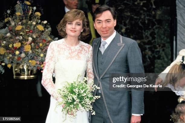 English composer Andrew Lloyd Webber with his new wife Madeleine Gurdon at their marriage blessing ceremony on February 16, 1991 in London, England.