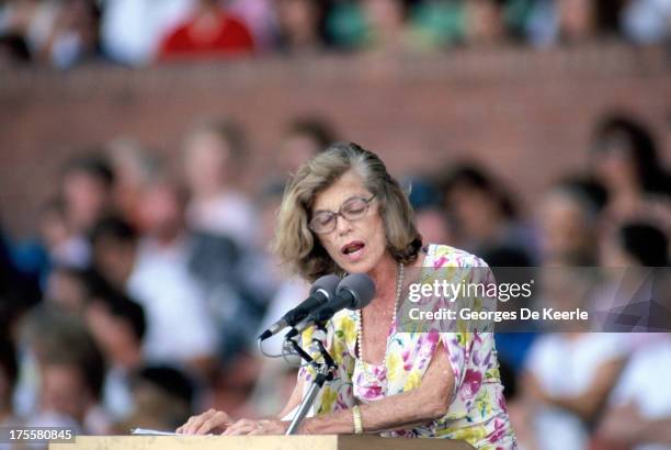 Eunice Kennedy Shriver, founder of Special Olympics and sister of former U.S. President John F. Kennedy, holds a speech during the opening ceremony...