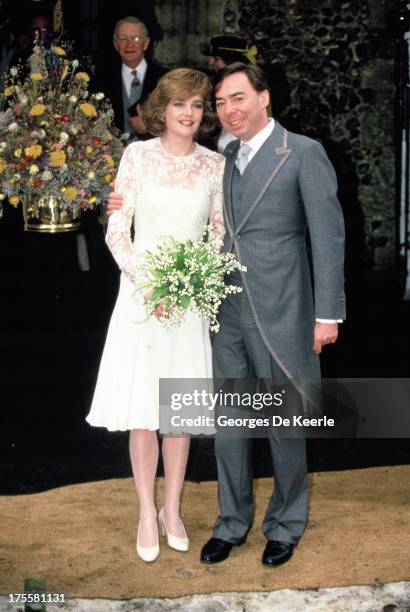 English composer Andrew Lloyd Webber with his new wife Madeleine Gurdon at their marriage blessing ceremony on February 16, 1991 in London, England.