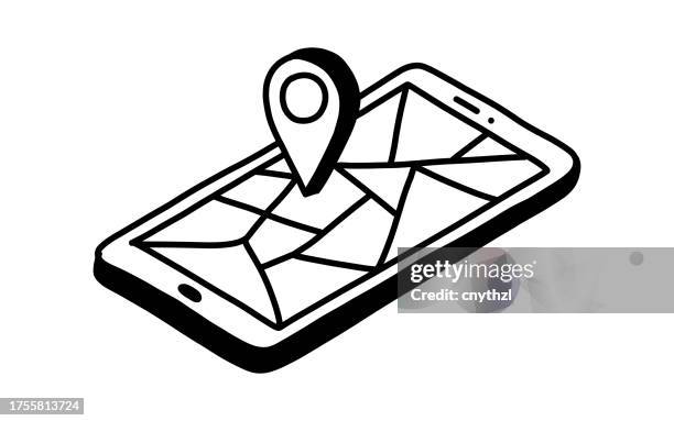 ilustraciones, imágenes clip art, dibujos animados e iconos de stock de ilustración vectorial del concepto de navegación dibujada a mano. gps, mapa, aplicación móvil. - sistema de posicionamiento global