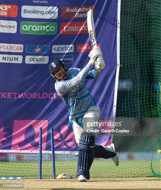 Jonathan Bairstow of England bats during nets session at Karnataka State Cricket Association Stadium on October 25, 2023 in Bangalore, India.
