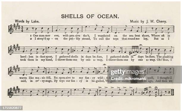 old engraved illustration of sheet music and lyrics of "i wander'd by the sea beat shore" (shells of ocean) by john william cherry - john william parks stock pictures, royalty-free photos & images
