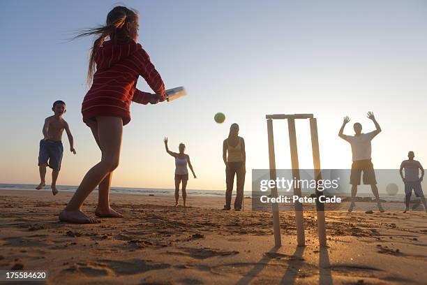 family playing cricket on beach - cricket spieler stock-fotos und bilder