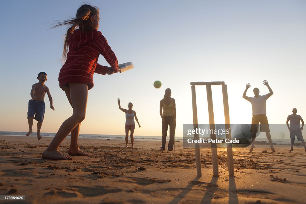 Family playing cricket on beach