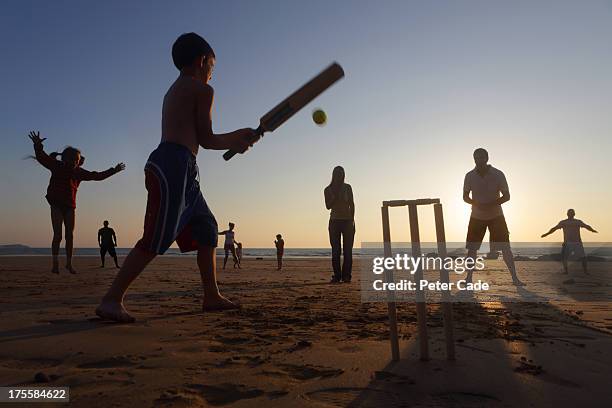 family playing cricket on beach at sunset - cricket game fun stock-fotos und bilder