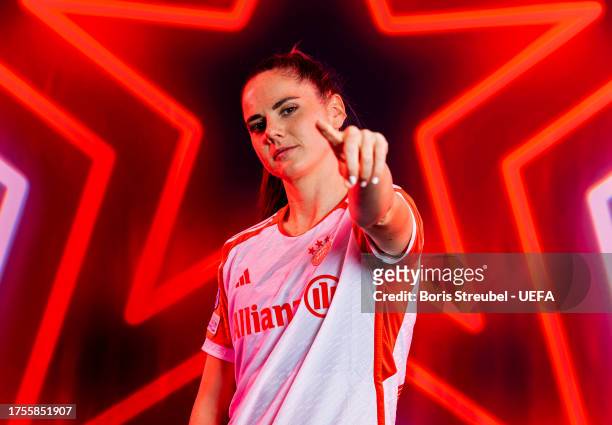 Sarah Zadrazil of FC Bayern Muenchen poses for a photo during the UEFA Women's Champions League official portrait shoot at FCB Campus on October 09,...