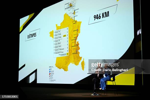 Christian Prudhomme of France Director of Le Tour de France and Marion Rousse of France director of the Tour de France Femmes present the official...