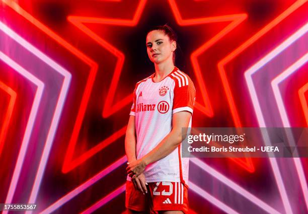 Sarah Zadrazil of FC Bayern Muenchen poses for a photo during the UEFA Women's Champions League official portrait shoot at FCB Campus on October 09,...