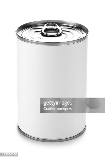 tin can with a peel lid on a white background - white label stock pictures, royalty-free photos & images