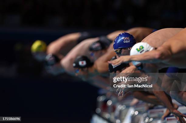 Daniel Wallace of Great Britiain competes in the final of the Men's 400m IM final at the Palau Sant Jordi on day sixteen of the 15th FINA World...