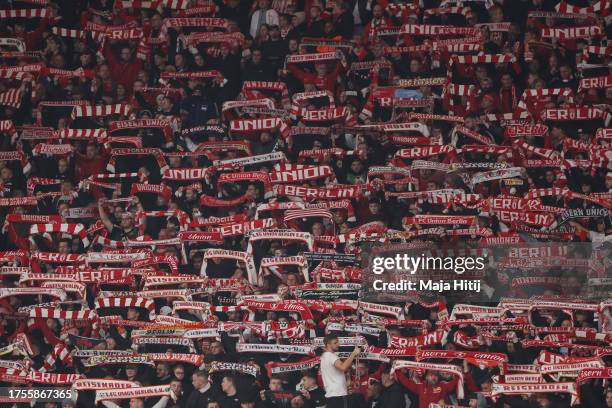 Fans of 1. FC Union Berlin during the UEFA Champions League match between 1. FC Union Berlin and SSC Napoli at Olympiastadion on October 24, 2023 in...