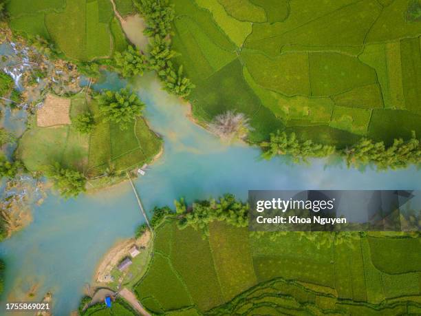 aerial landscape in quay son river, trung khanh, cao bang, vietnam with nature, green rice fields and rustic indigenous houses. - detian waterfall stock pictures, royalty-free photos & images