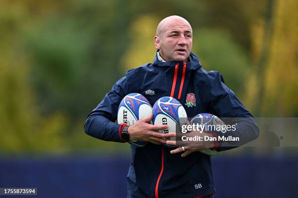 Steve Borthwick, Head Coach of England looks on during a training session at Institut National du Sport on October 25, 2023 in Paris, France.