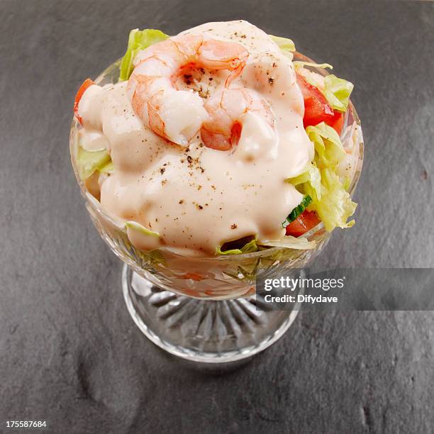prawn cocktail in glass dish on slate surface - prawn cocktail stock pictures, royalty-free photos & images