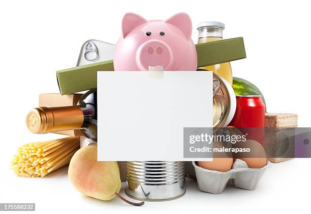 groceries. piggy bank with blank note. - donation box white background stock pictures, royalty-free photos & images