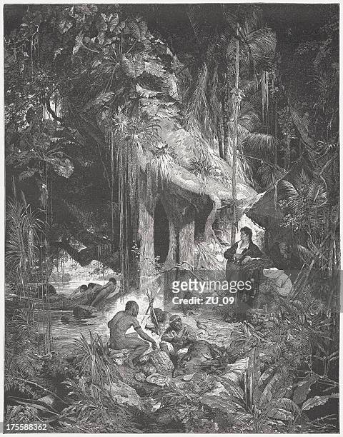 humboldt at the orinoco in 1800, wood engraving, published 1882 - amazonas state brazil stock illustrations