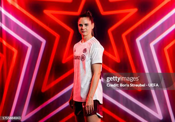 Sarah Zadrazil of FC Bayern Muenchen poses for a photo during the UEFA Women's Champions League official portrait shoot at FCB Campus on October 09,...