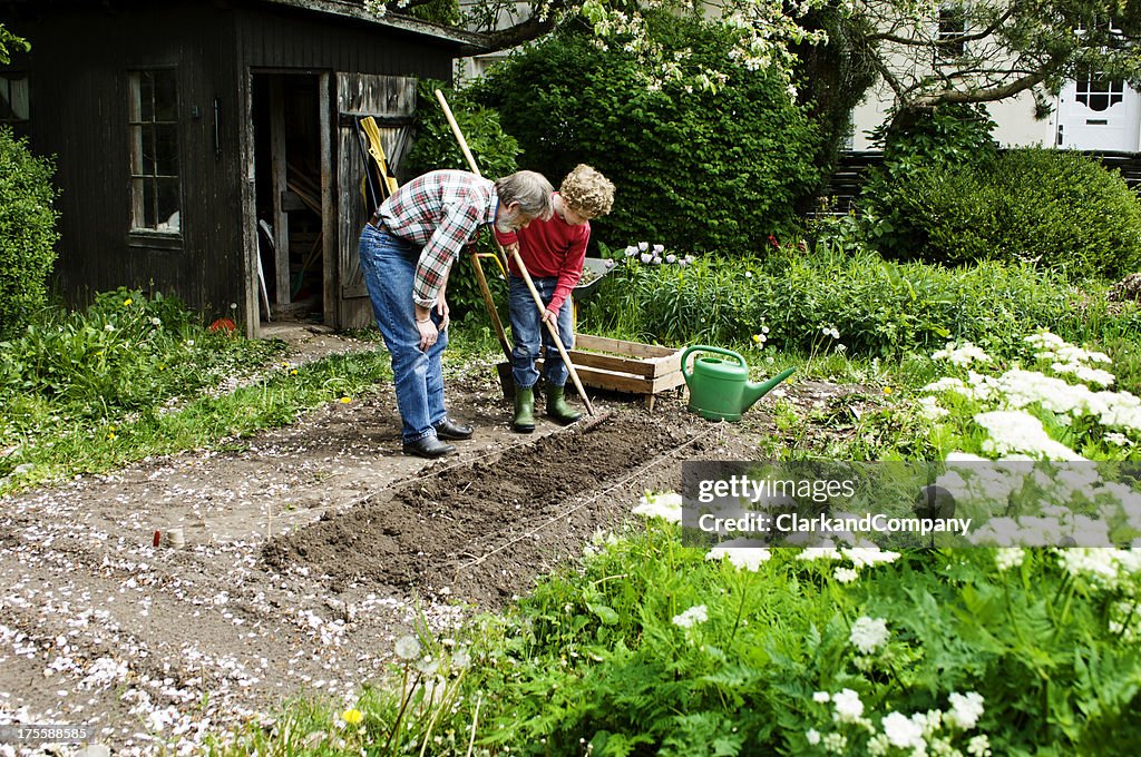 Grandfather and Grandson Gardening