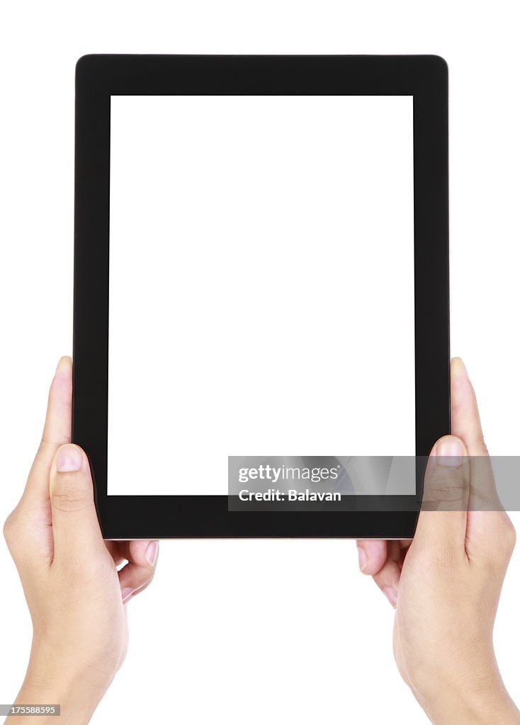 Blank image of two hands holding a large tablet device