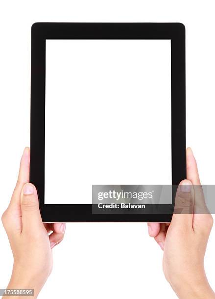 blank image of two hands holding a large tablet device - vertical screen stock pictures, royalty-free photos & images