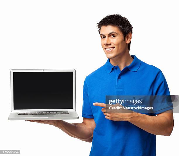 young man pointing at laptop - isolated - blue tee stock pictures, royalty-free photos & images