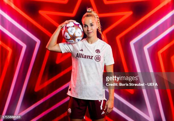 Giulia Gwinn of FC Bayern Muenchen poses for a photo during the UEFA Women's Champions League official portrait shoot at FCB Campus on October 09,...