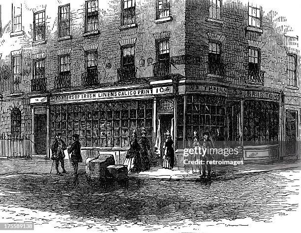 traditional victorian london fleet street shop front (illustration) - cobblestone stock illustrations