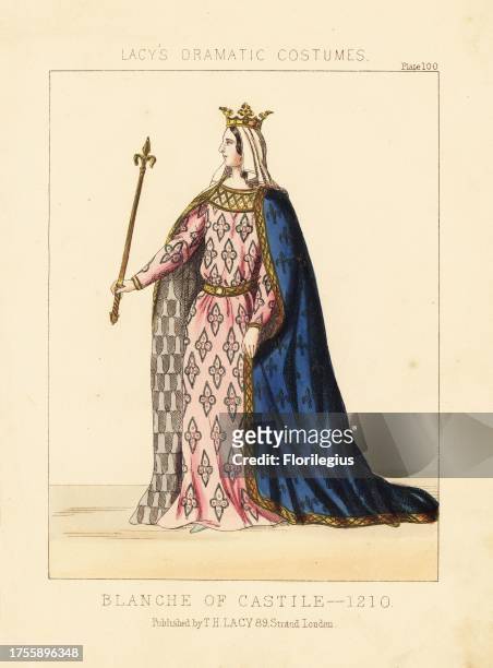 Blanche of Castile, 1210. She wears a crown, veil, gold-bordered blue cape with fleurs de lys, pink robe, girdle, and holds a sceptre. Handcoloured...