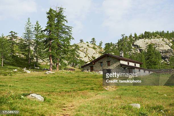 alpine jacket - berghütte stock-fotos und bilder