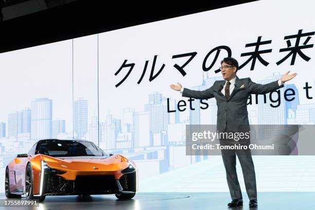 Toyota Motor Corp. CEO Koji Sato speaks next to the FT-Se electric vehicle during the Japan Mobility Show at Tokyo Big Sight in Tokyo, Japan on...