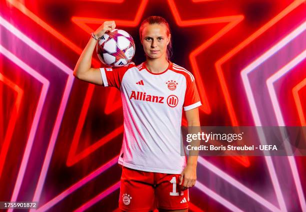 Klara Buehl of FC Bayern Muenchen poses for a photo during the UEFA Women's Champions League official portrait shoot at FCB Campus on October 09,...