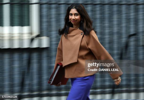 Britain's Home Secretary Suella Braverman arrives to 10 Downing Street in London to attend the weekly cabinet meeting on October 31, 2023.