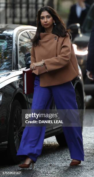 Britain's Home Secretary Suella Braverman arrives to 10 Downing Street in London to attend the weekly cabinet meeting on October 31, 2023.