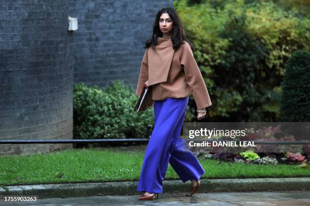 Britain's Home Secretary Suella Braverman arrives to 10 Downing Street in London to attend the weekly cabinet meeting on October 31, 2023.