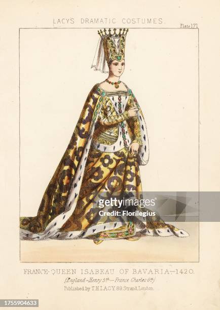 Queen Isabeau of Bavaria, 1420. She wears a double mitre crown with veil, ermine-lined cloak over a brocade dress, all bejeweled. After a drawing of...