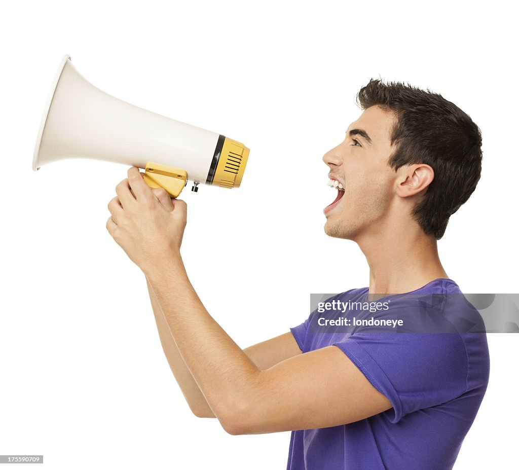 Young Boy Yelling Into Bullhorn - Isolated