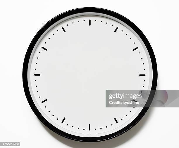 isolated shot of blank clock face on white background - wandklok stockfoto's en -beelden