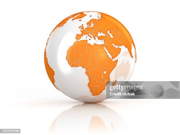 orange earth globe on white surface - planet earth on white stock pictures, royalty-free photos & images