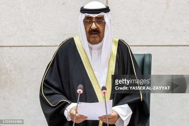 Kuwait's Crown Prince and deputy Emir Sheikh Meshal al-Ahmad al-Jaber al-Sabah delivers a speech during the opening ceremony of the 17th...