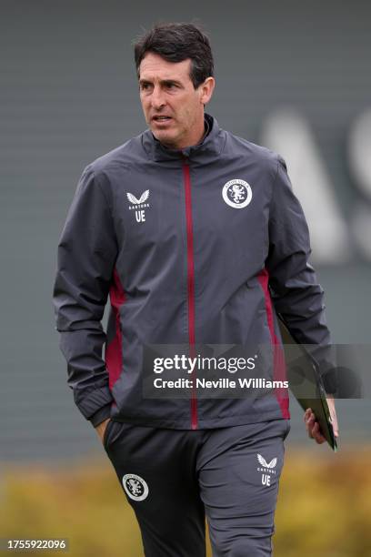 Unai Emery head coach of Aston Villa in action during a training session at Villa Park on October 25, 2023 in Birmingham, England.