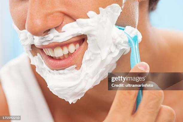 handsome man shaving - man shaving foam stock pictures, royalty-free photos & images